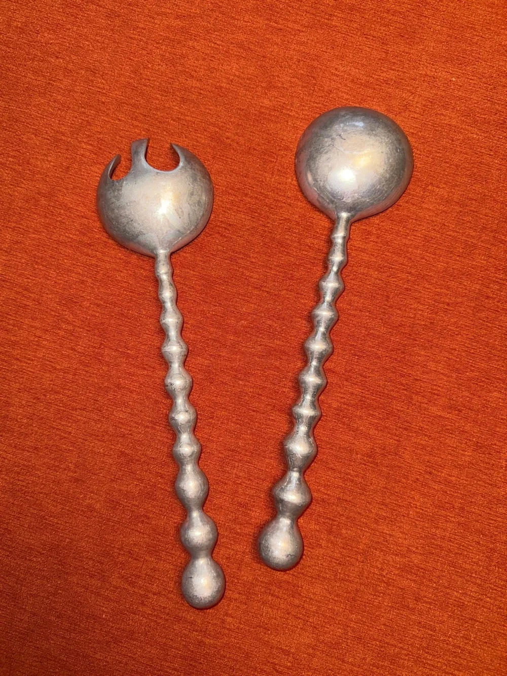 Vintage Silver Toned Salad Serving Set Spoon & Fork Beaded Bubble MCM Hosting